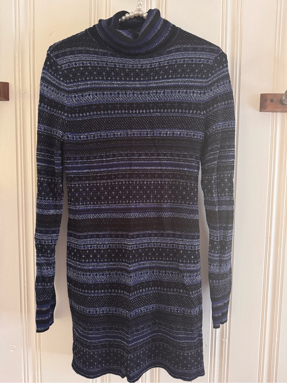 White House Black Market Black and Blue Patterned Turtleneck Sweater dress